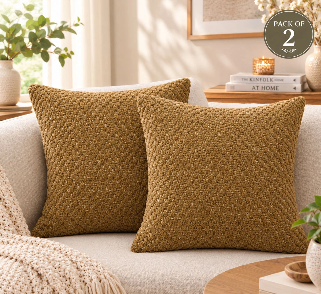 Woven Textured Cotton-Chenille Cushion Cover – Mustard Brown, 20×20 Inches, Pack of 2